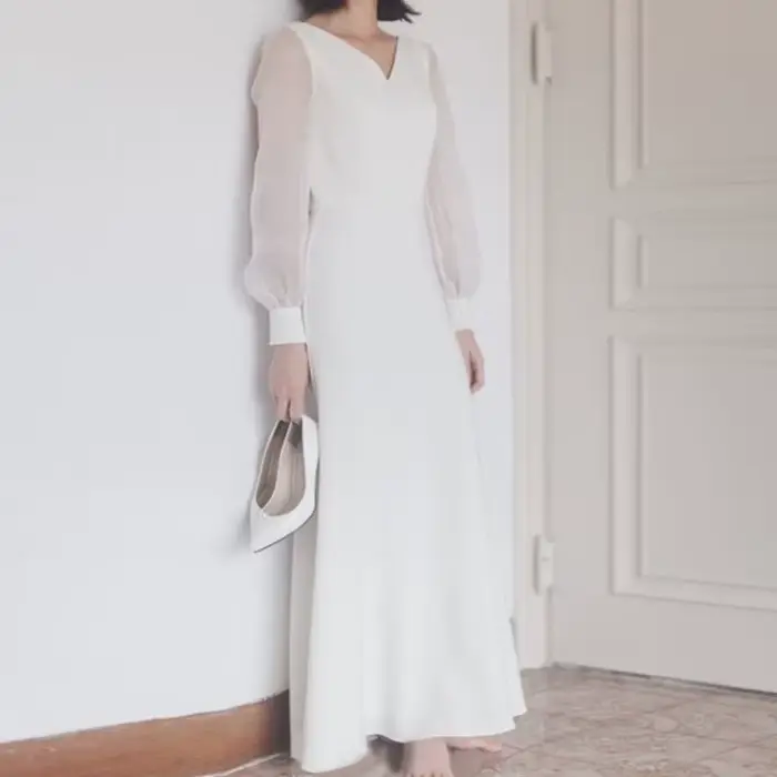 Robe de Mariée Légère en Satin à Col en V, Manches Lanternes Blanches, Super Dégradé, Simple, pour B