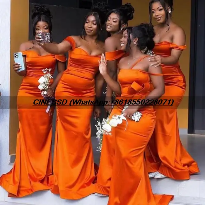 Robe de demoiselle d'honneur Orange sirène personnalisée, épaules dénudées, robe de soirée formelle 