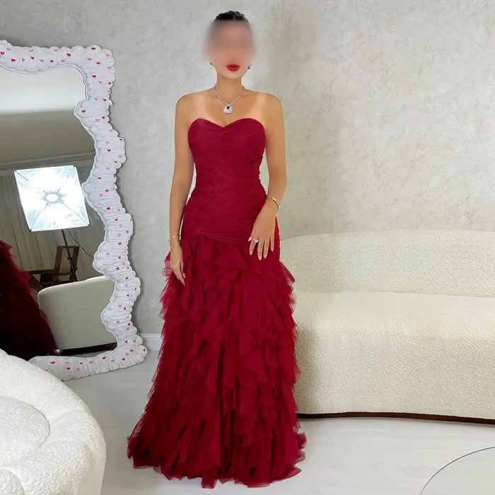 Robe de soirée sirène élégante Sharon Said pour femmes modestes, couleur bordeaux, avec décolleté cœ
