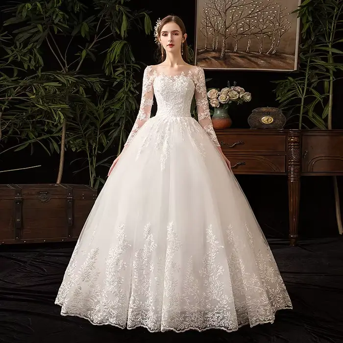 Robe De mariée blanche en dentelle brodée à manches longues, tenue De mariage élégante, grande taill