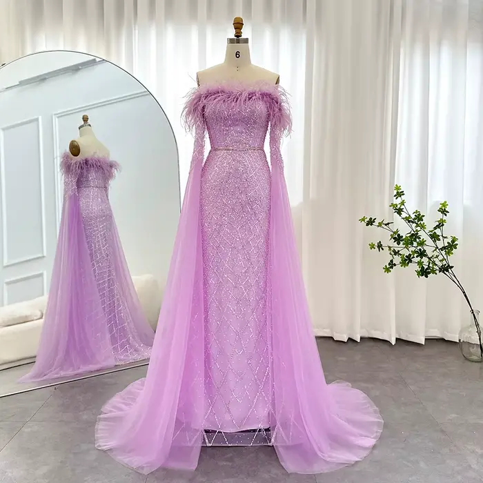 Robe de soirée de luxe Sharon Said Turquoise plume avec cape manches pour femmes occasions spéciales mariage événements