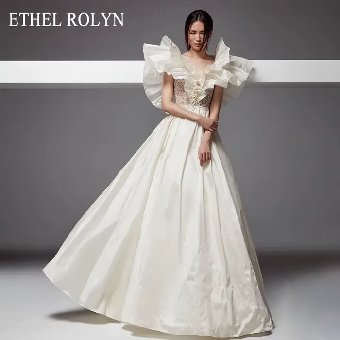 Élégant Satin a-ligne robe De mariée Sexy dos nu col en v Illusion perlée dentelle mariée ETHEL ROLY