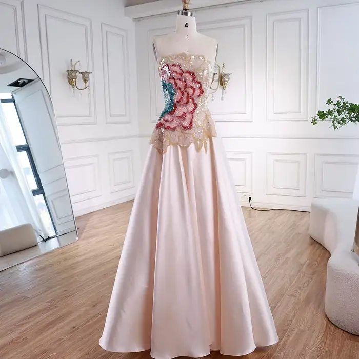 Robe de soirée trapèze en Satin Beige de luxe, avec corsage à paillettes et manches détachables, per