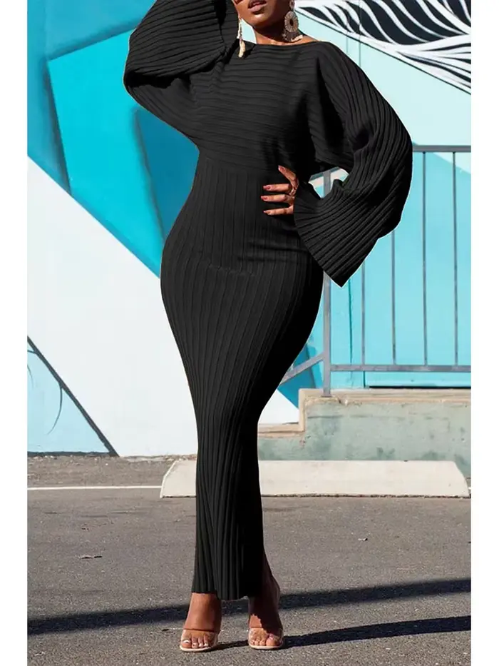 Robe longue côtelée tricotée à manches chauve-souris pour femmes