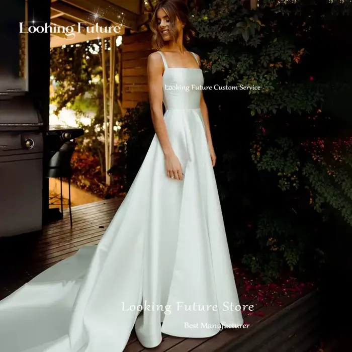 Robe de Mariée Longue Blanche Classique Ligne A Sur Mesure, Encolure Carrée, Fines Bretelles, Formelle, avec Plis, Style Vintage, Dos Nu, Fente Haute et Robe Élégante Personnalisée pour Mariage et Cér