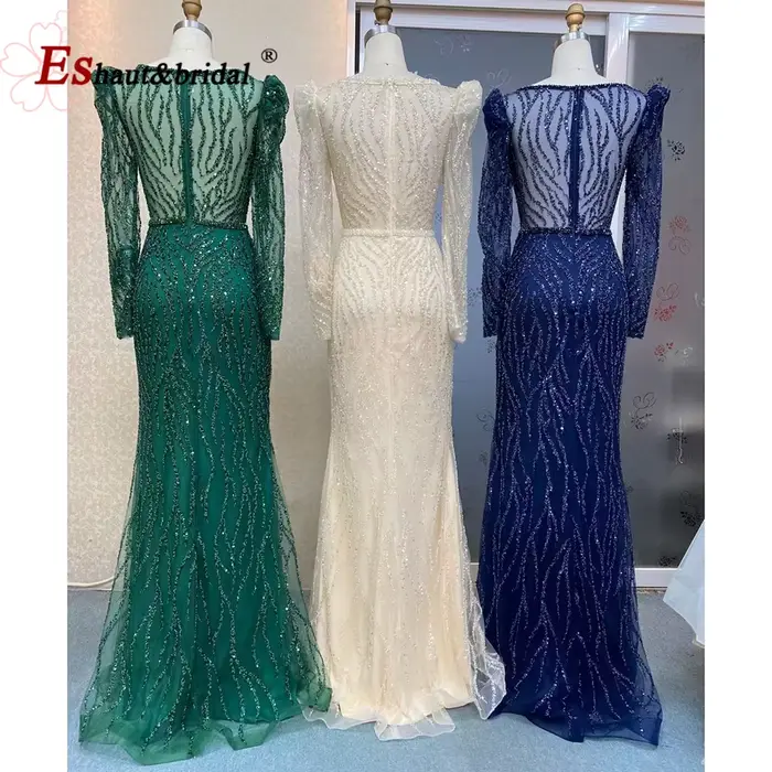 Robe de soirée sirène élégante pour femme 2026, col en V, manches longues bouffantes, perles et sequins, robes de bal et de mariage formelles personnalisées