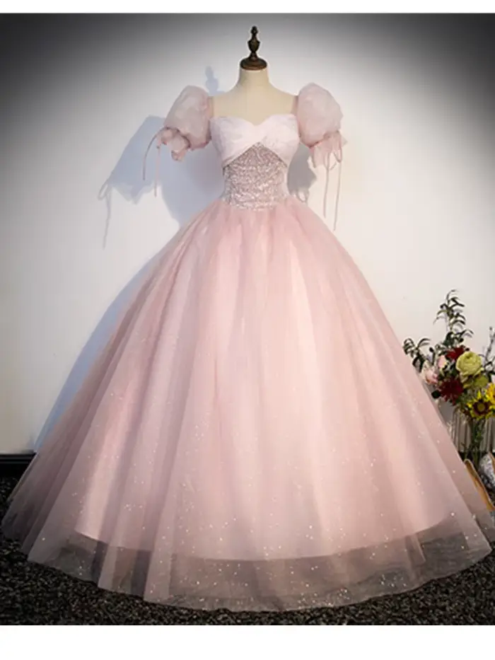 Robe de Soirée en Tulle à Paillettes et Manches Moelleuses Style Préppy Occasions Spéciales Nouvelle Collection 2024