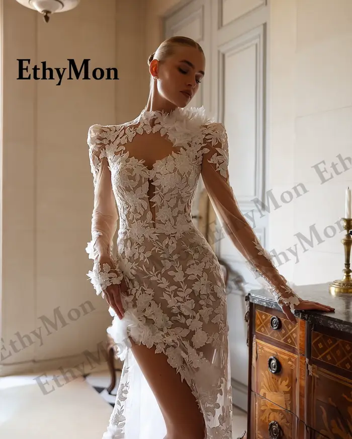 Ethymon Robe De mariée à col haut à la mode pour mariée fente dentelle Appliques manches longues sirène débardeur Robe De mariée personnalisée
