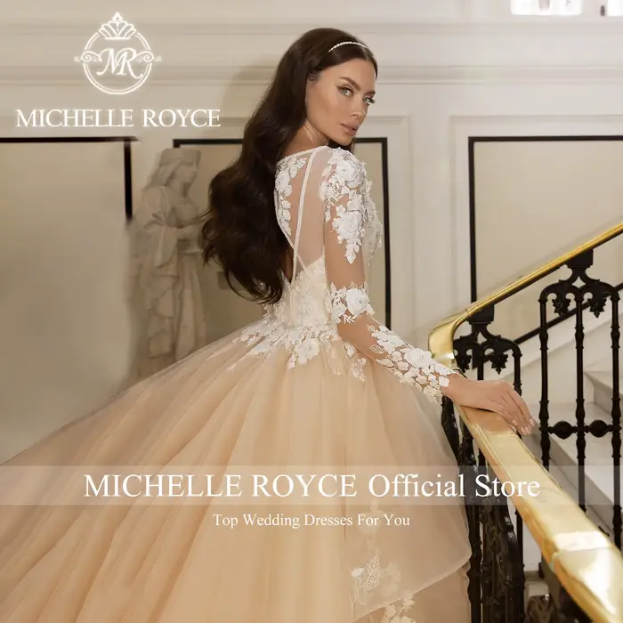 Robe de mariée Michelle Royce moderne avec train de chapelle en polyester, dentelle, maille, organza et tulle pour femmes enceintes et occasions spéciales