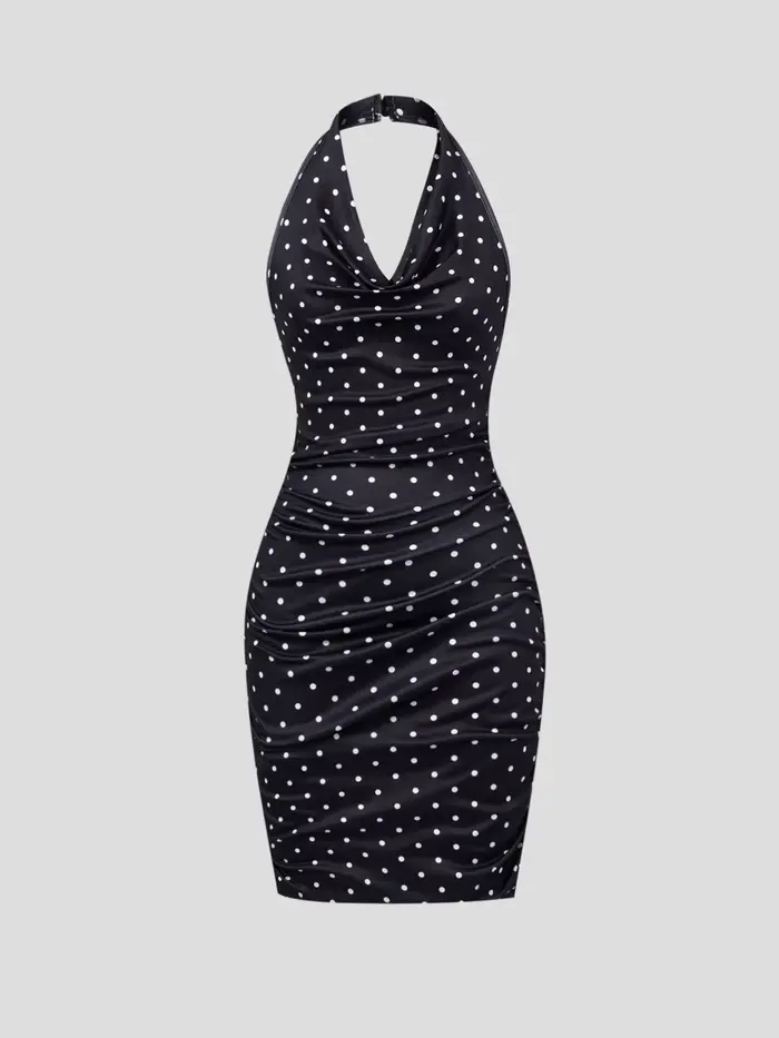 Robe moulante sexy à pois noirs et blancs pour femme, col bénitier, froncée, sans manches, mini-robe