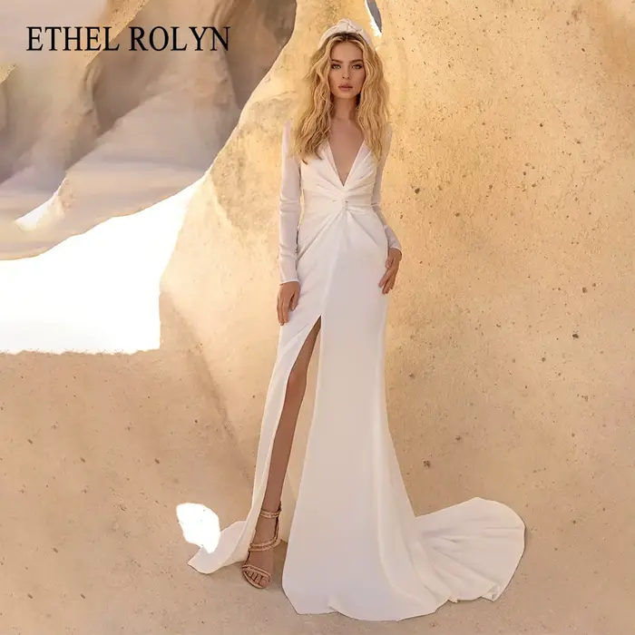 ETHEL ROLYN robe de mariée sirène charmante froncée col en v Satin à manches longues mariée Court Tr