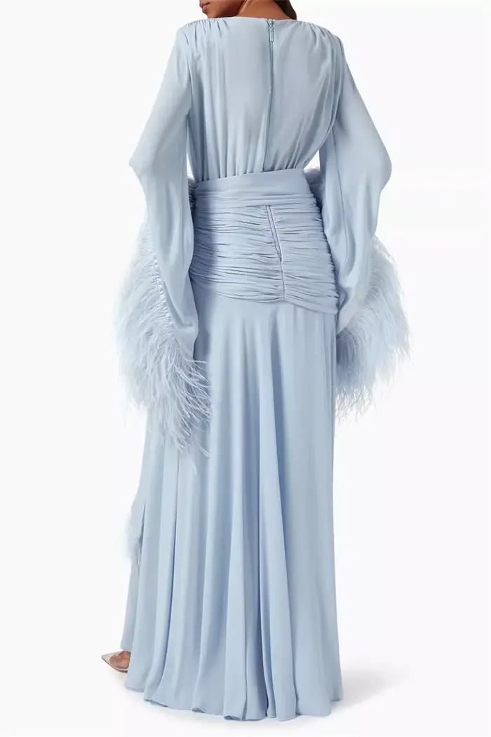 Robe de soirée bleu claire mousseline de soie avec col en V et volants pour femmes élégantes occassions spéciales