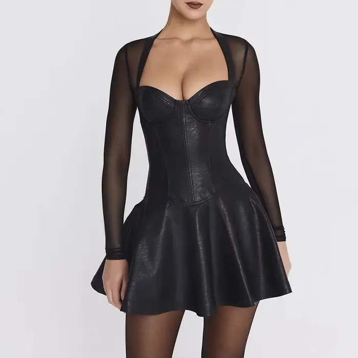 Robe courte en maille pour femmes, Sexy, coupe basse, Patchwork, manches longues, dos nu, en cuir, t