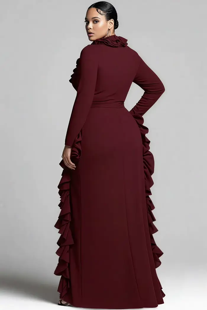 Grande taille formelle bordeaux col en V manches longues volants élégant fendu robes Maxi