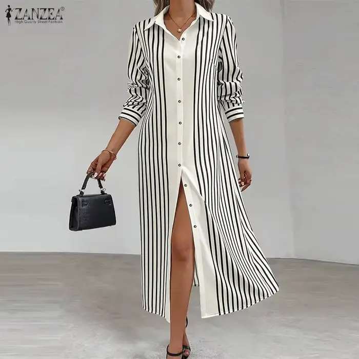 Robe longue ZANZEA à col rabattu pour femmes, rayures contrastées, manches longues, boutonnée, printemps été, polyester élasthanne, occasions spéciales ```