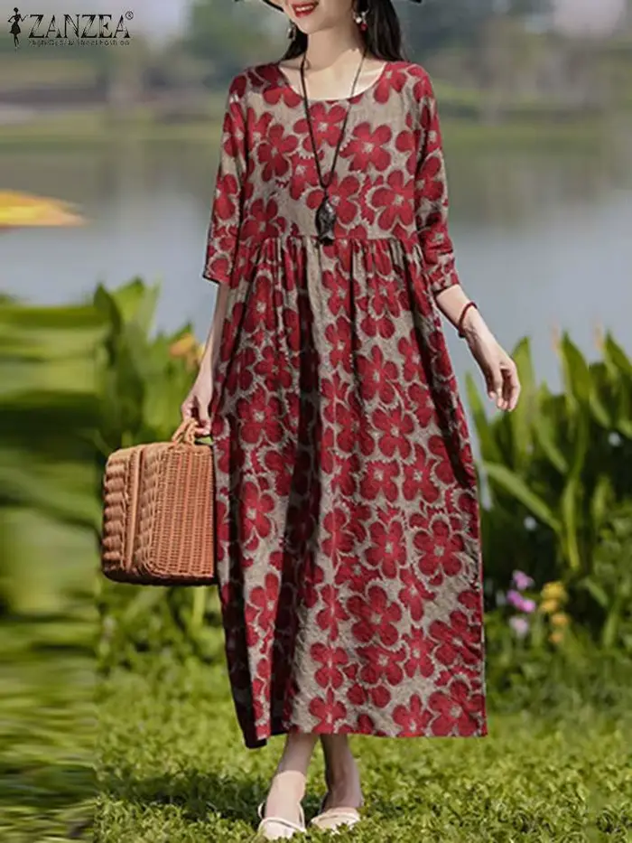 ZANZEA Vintage imprimé fleuri robes femmes bohème Robe longue automne à manches longues Maxi Robe d'