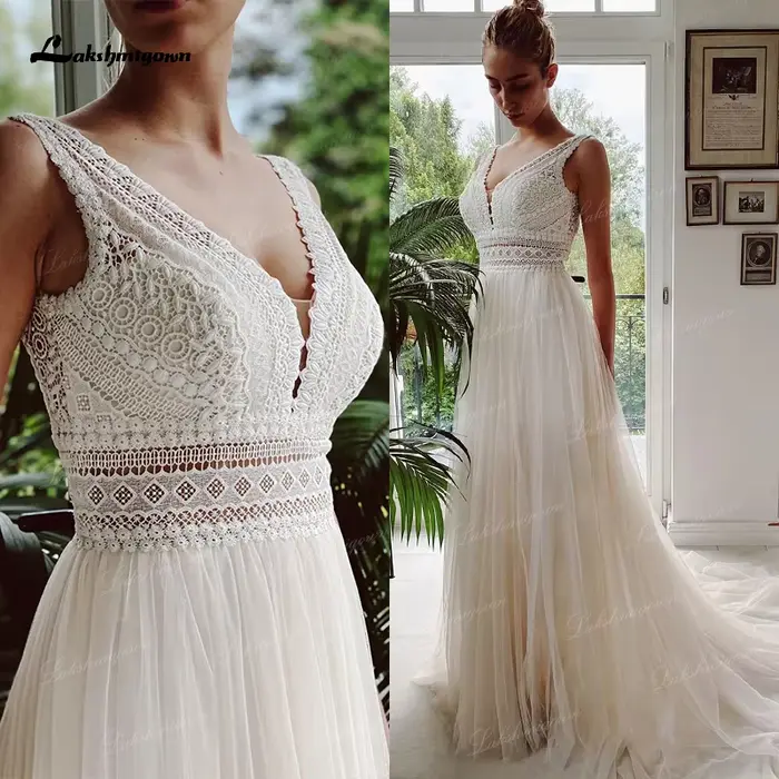 Robe de mariée bohème, nouvelle collection, col en V, en dentelle, pour la plage, élégante, en tulle