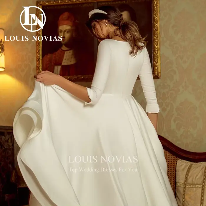 Modiis-Robe de mariée mi-longue en satin avec manches 3/4