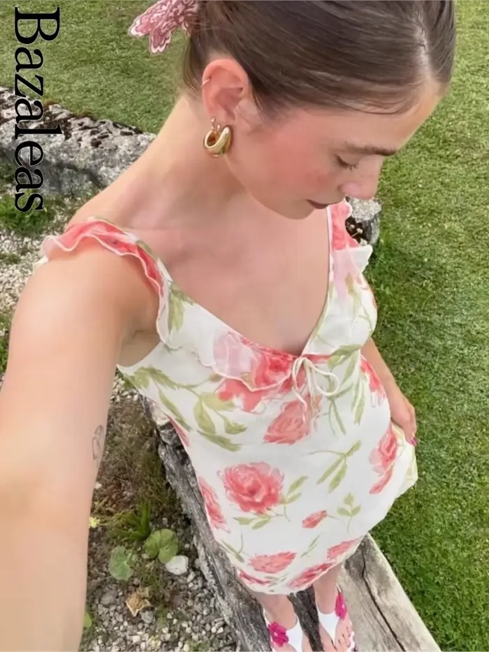 Robe Bazaleas mi-longue à imprimé floral rose, col en V, sangles, sans manches, pour femmes, occasions spéciales, été