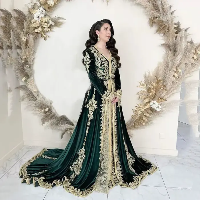 Robes de soirée musulmanes caftan marocain vert, robe islamique personnalisée, manches longues A-lig