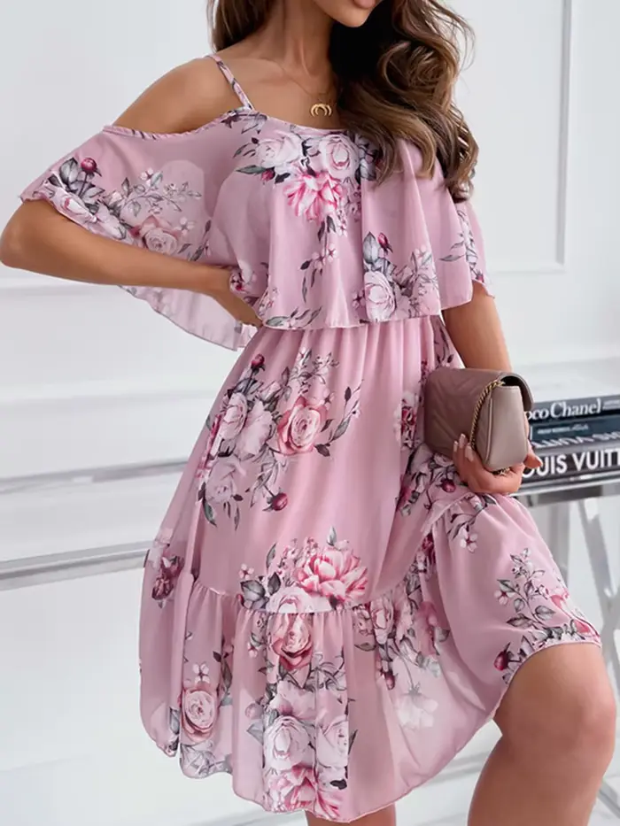 Robe en mousseline de soie à imprimé floral pour femmes, robe d'été sexy à bretelles, robe d'été élé