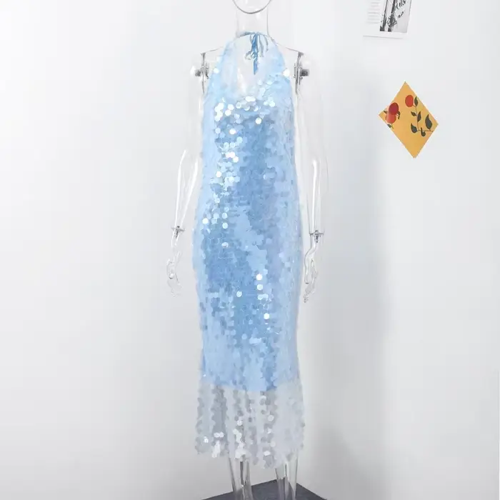 Robe longue élégante à paillettes pour femmes, dos nu, mince, plissée, en fibre, à lacets, robes de 