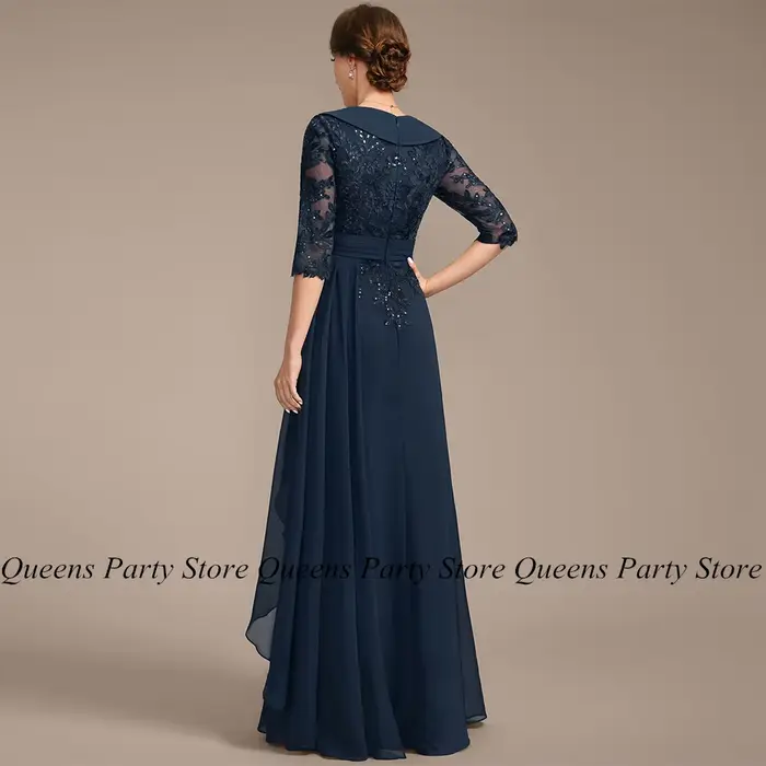 Robe mère de la mariée élégante bleu marine col en V manches trois quarts appliques à paillettes longueur au sol ligne A robe d'invité de mariage en polyester occassion wedding party