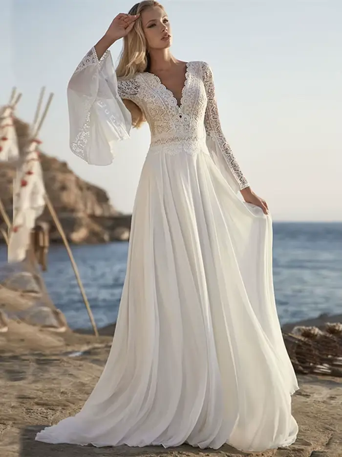Robe de Mariage Classique Personnalisée en Mousseline de Soie avec Train de Balayage pour Occasions Formelles