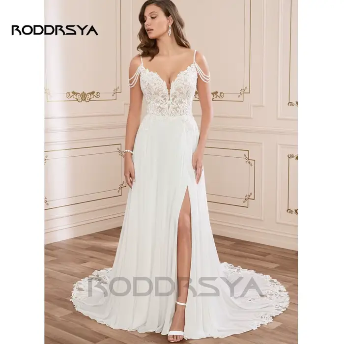RODDRSYA Robe de mariée bohème pour femme style cœur en dentelle dos nu en mousseline personnalisable pour la plage
