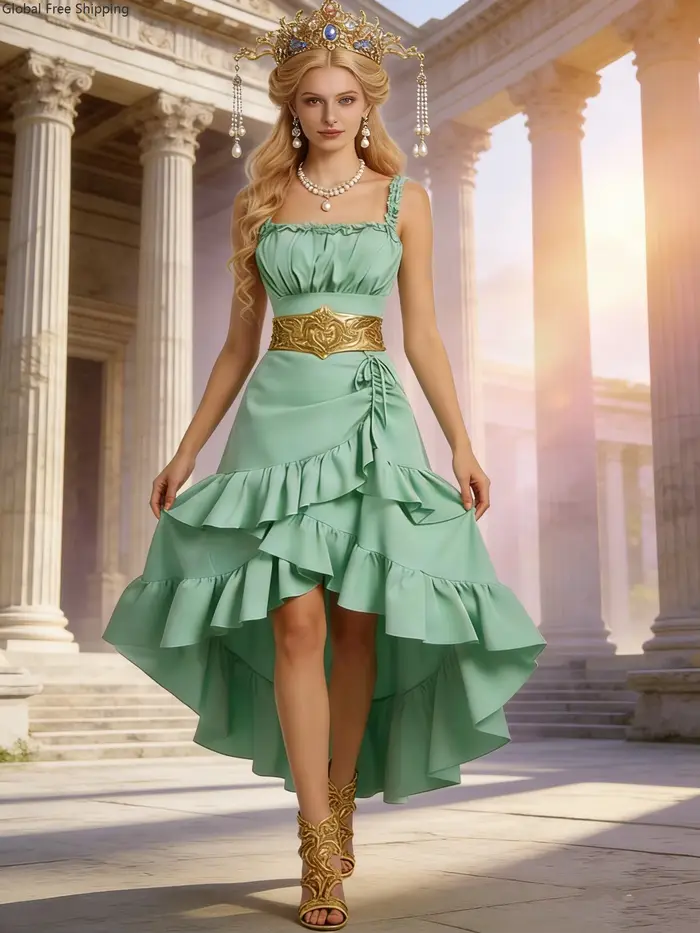 Robe de soirée asymétrique à volants pour femme, style médiéval vintage, idéale pour les fêtes, les bals, le cosplay, Halloween et les spectacles sur scène