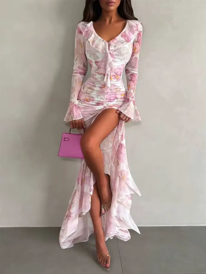 Robe longue sexy pour femme à imprimé orange