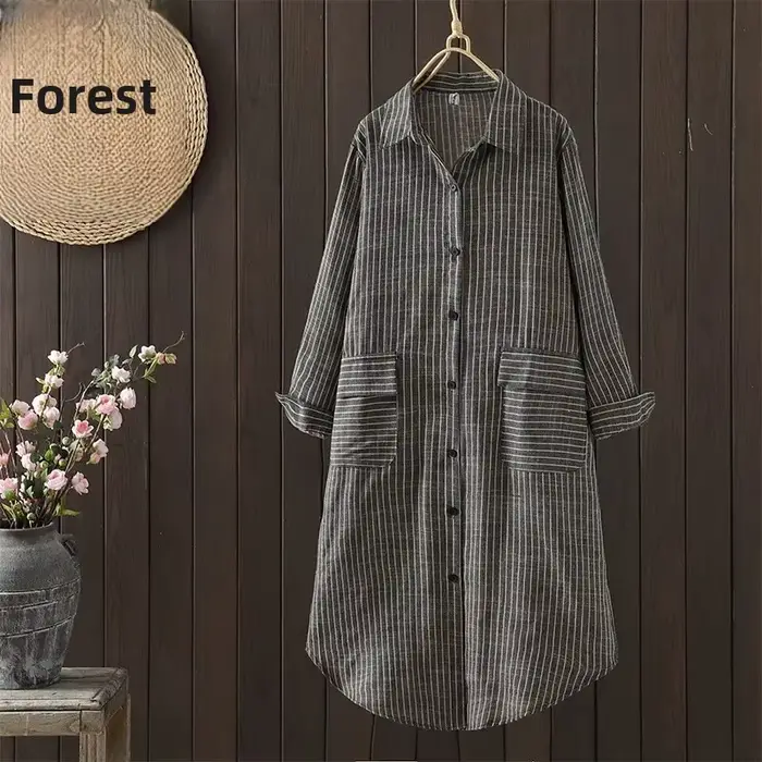 Printemps 2025 décontracté rayure coton lin chemise robe femmes Vintage ample col Polo à manches longues ouvert Cardigan jupe Midi