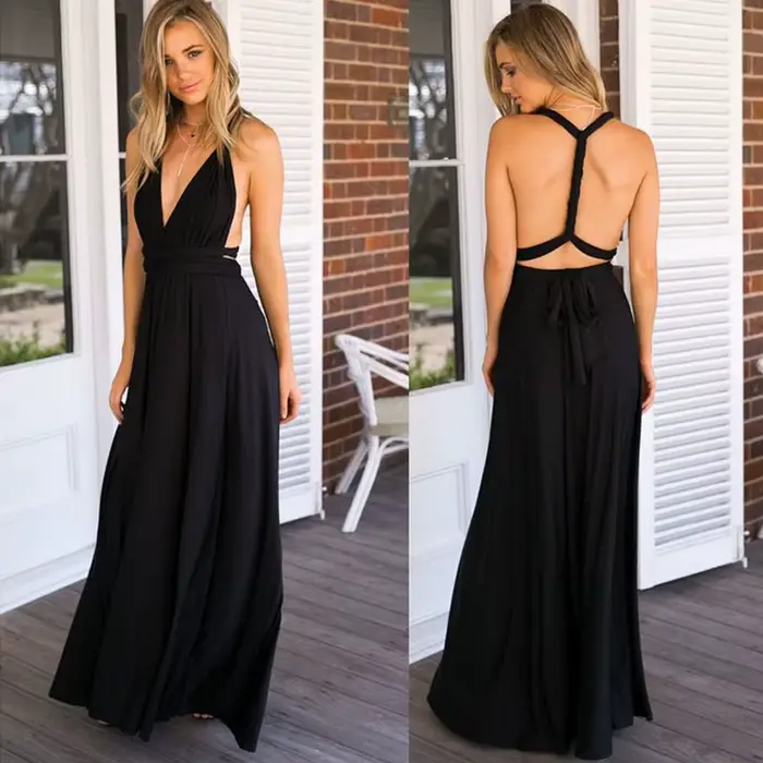 Robe formelle femmes élégante soirée longue profonde V licou