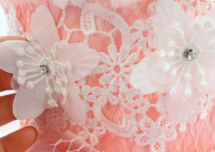 Robe de mariée rose pour chien faite à la main avec jupe brodée de fleurs 3D