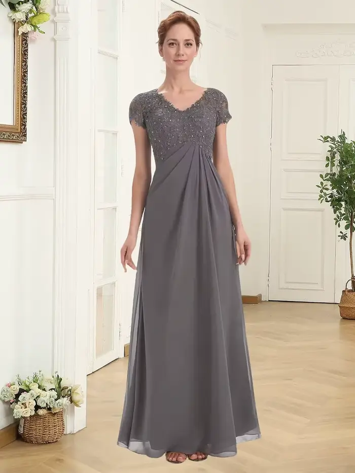 Robes de mère de la mariée personnalisées pour femmes, en dentelle, avec appliques, en mousseline de soie longue, à manches courtes, ornées de perles, pour invitées de mariage
