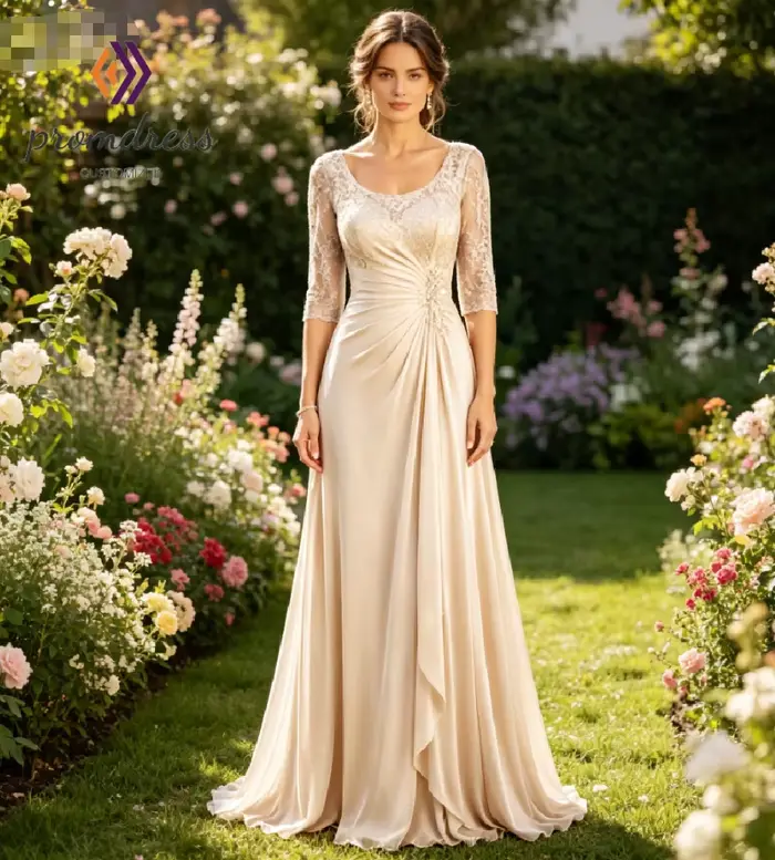 Robe élégante bleu poudré pour mère de la mariée en mousseline de soie avec détails perlés et dentelle pour soirées formelles et cérémonies de mariage