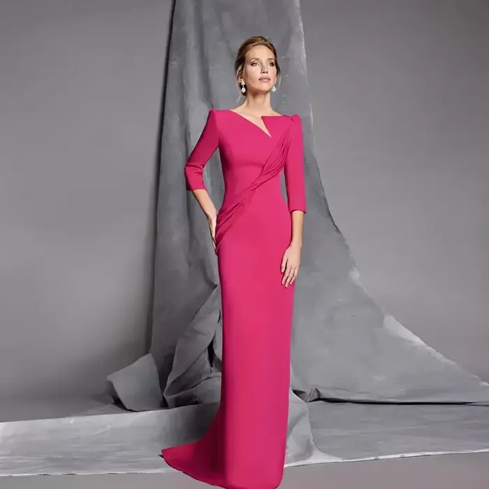 Robes de soirée sirène simples pour la mère de la mariée, personnalisées, col en V, manches 3/4, robes de soirée plissées