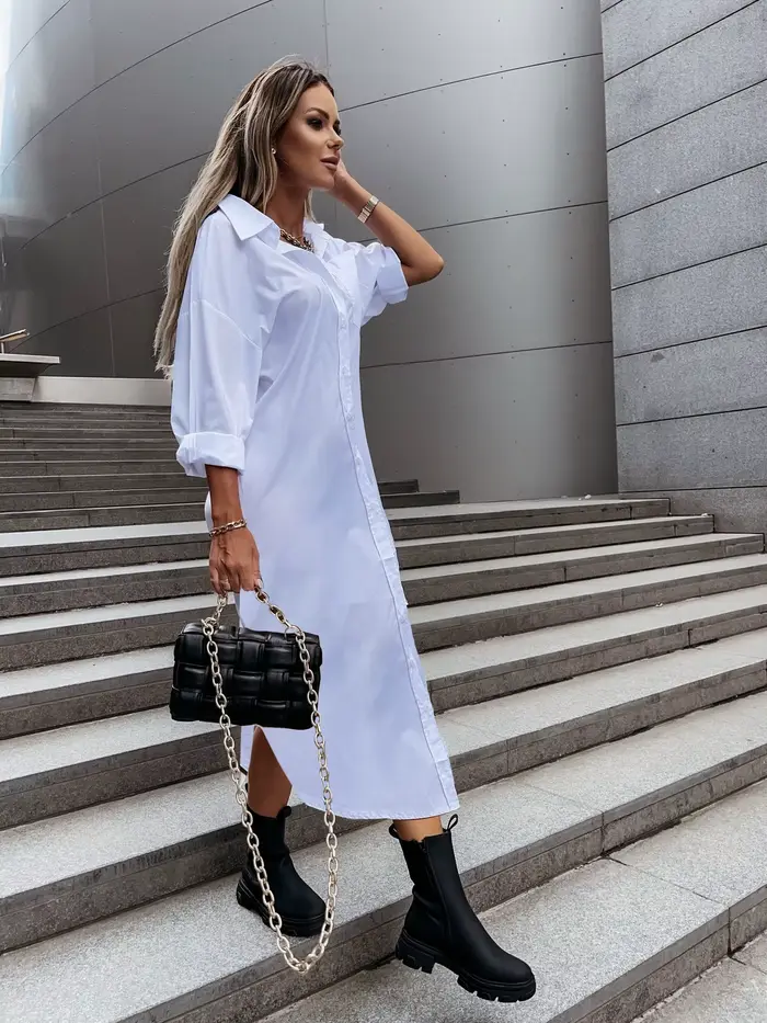 Robe chemise à manches longues pour femme avec col rabattu et boutons sur le devant