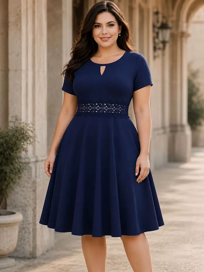 Robe trapèze élégante à manches courtes et col rond pour femmes grandes tailles, style décontracté c