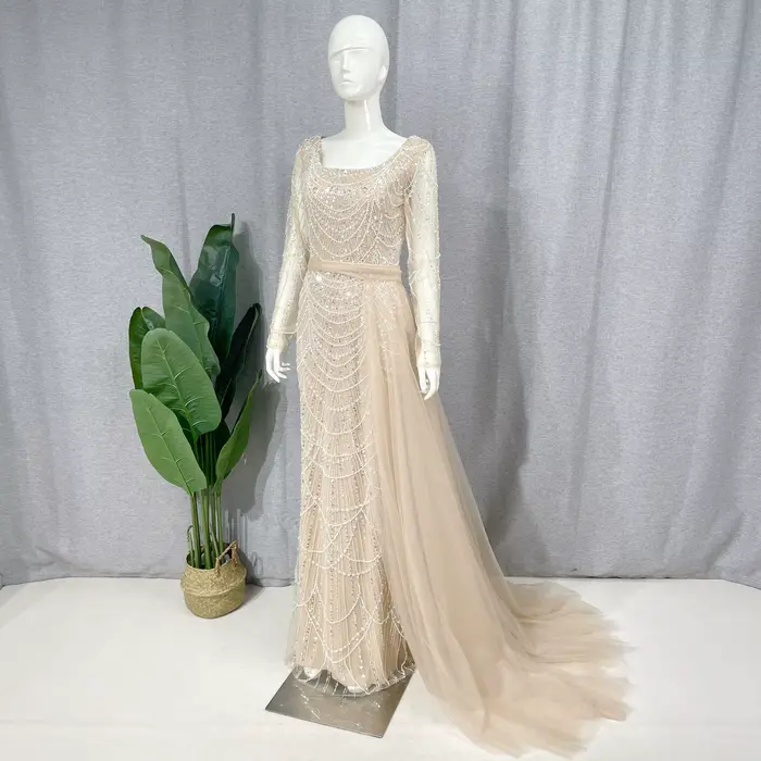 Robe Sirène Élégante à Manches avec Traîne Amovible pour Femmes Musulmanes, Paillettes, Perles, Soirée Officielle, Occasions Spéciales
