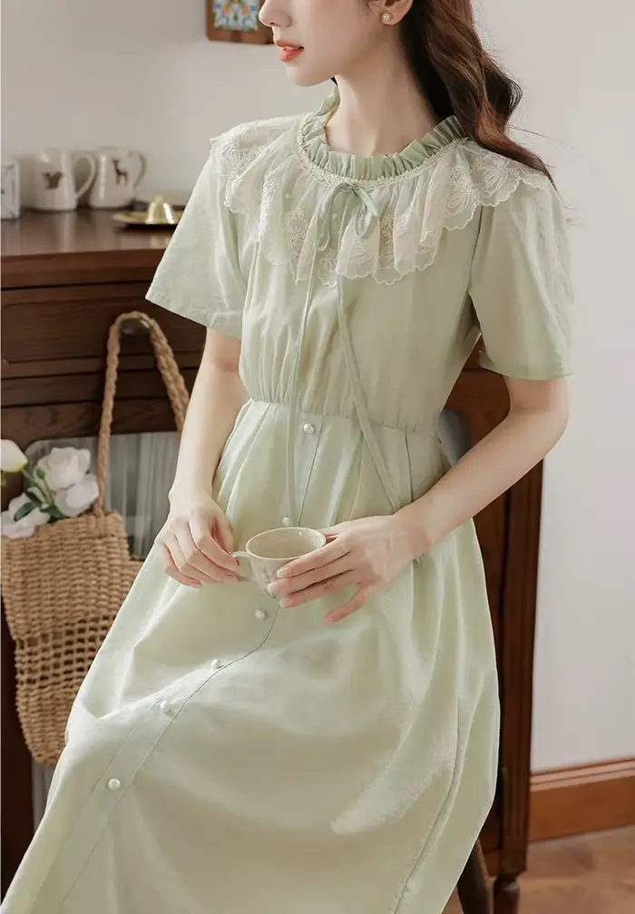 Style japonais Mori fille robe verte femme Vintage doux dentelle volants col ample décontracté robes de fée été Ropa