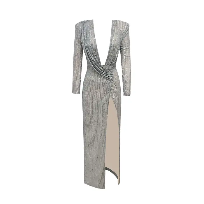Robes longues à paillettes argentées pour femmes avec col en V profond et épaules structurées – Robe de soirée sexy Vestidos Largos
