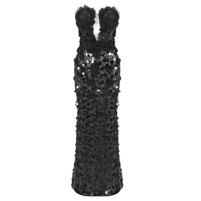 Robes de soirée noires à paillettes florales – Conception sans bretelles avec détail en dentelle transparente Robe longue ajourée Vestidos Largos