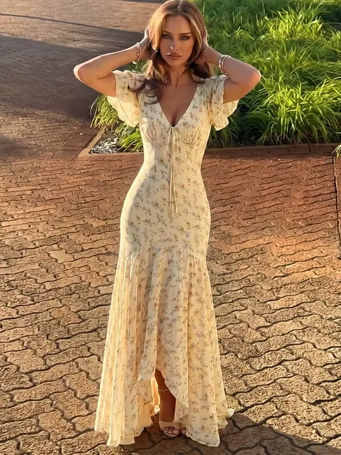 Robe longue élégante froncée Kliou imprimé floral col en V manches bouffantes taille haute style décontracté quotidien simple et tendance occassions spéciales femmes printemps été