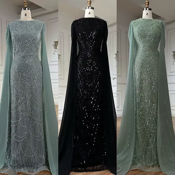 Robe de soirée sirène bleue de luxe avec manches cape et perles perlées pour femmes pour soirées officielles
