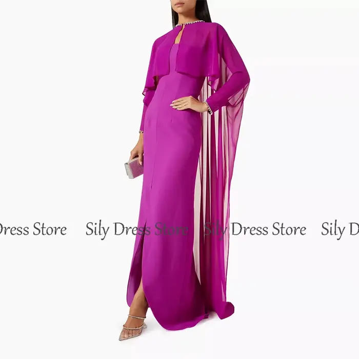 Robe de soirée en polyester crêpe satiné avec bretelles cristaux et cape fendue pour femmes occasions formelles chic