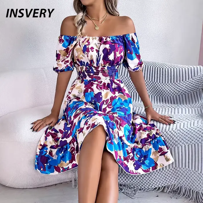 Robe bohème été polyester col carré mi-mollet manches courtes femme style bohème occasions spéciales