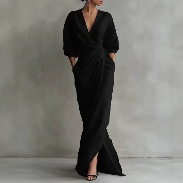 Robe longue moulante élégante pour femme, col en V, taille nouée, manches longues, couleur unie, style décontracté, idéale pour les soirées, la plage, les vacances et les événements décontractés