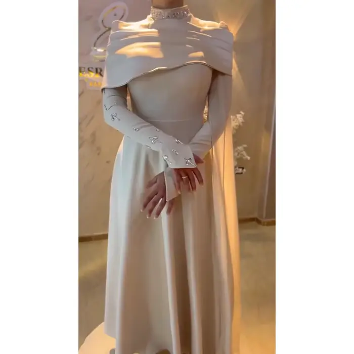 Robe de soirée musulmane élégante, col haut, manches longues, longueur cheville, robe de bal, mode plissée en cristal, ligne A, personnalisée