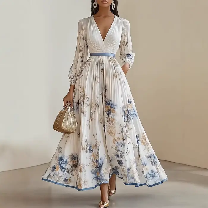 Robe élégante à manches longues pour femmes, imprimée, amincissante, cintrée à la taille, jupe pliss